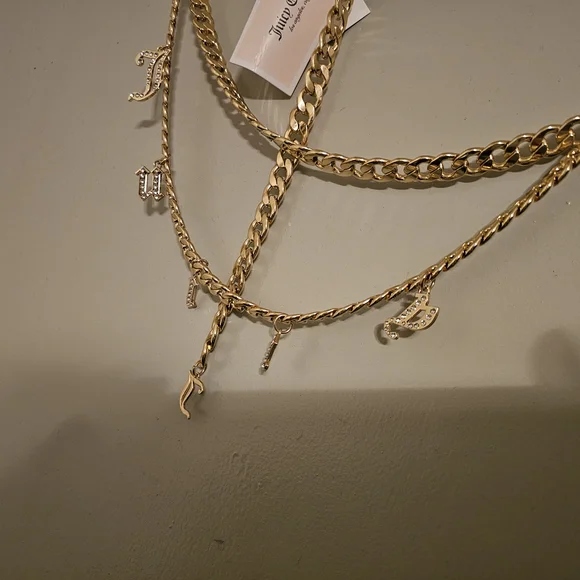👑Juicy Couture Gold Tone Chain Link Belt Frontal Juicy Charm Drop Size M/L NWT - Picture 11 of 12